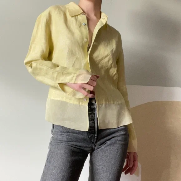SOLD ON DEPOP Y2K Yellow Green Linen Button Up - Picture 3 of 7
